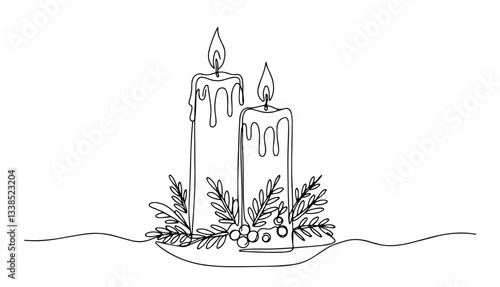 two burning candles with winter foliage on plate