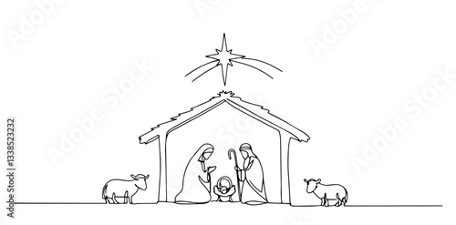 nativity scene with holy family in minimalist one line drawing