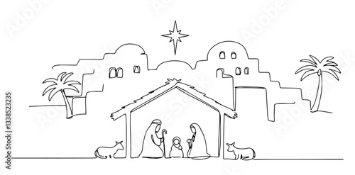 nativity scene with bethlehem star outline one line vector shape