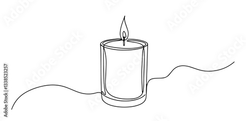 burning candle in glass outline one line vector shape