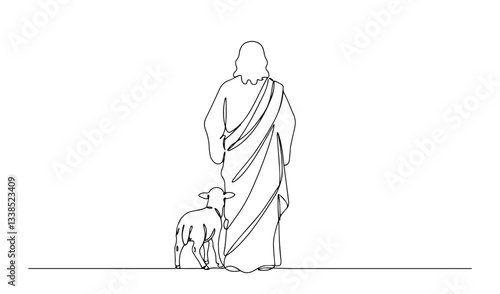 jesus as good shepherd with lamb outline one line vector shape