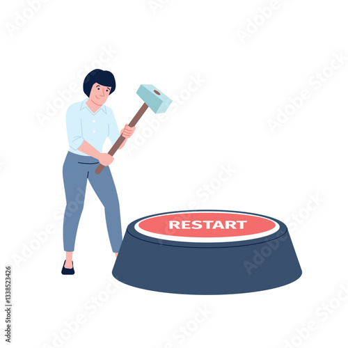 Businesswoman press restart button with giant hammer. New look on business, owner updates work processes. Renewal flat recent vector scene