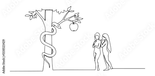 adam and eve with serpent at the tree of knowledge outline one line vector shape