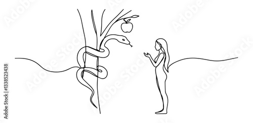eve and serpent at the tree of knowledge outline one line vector shape