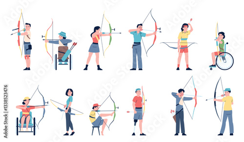 Archers sport characters. Male female archery athletes, disabled athlete with arrow and bow. People shooting to ait or target, recent vector set