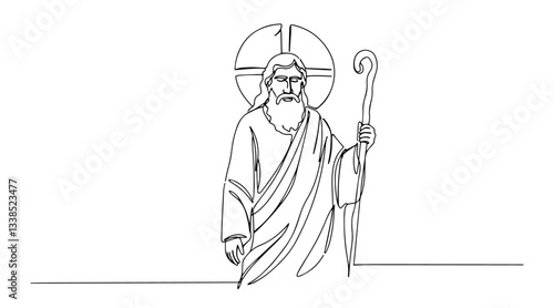 saint figure with halo and shepherd's staff outline one line vector shape