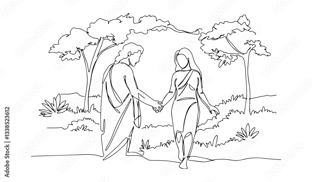 Obraz premium couple walking in nature outline one line vector shape