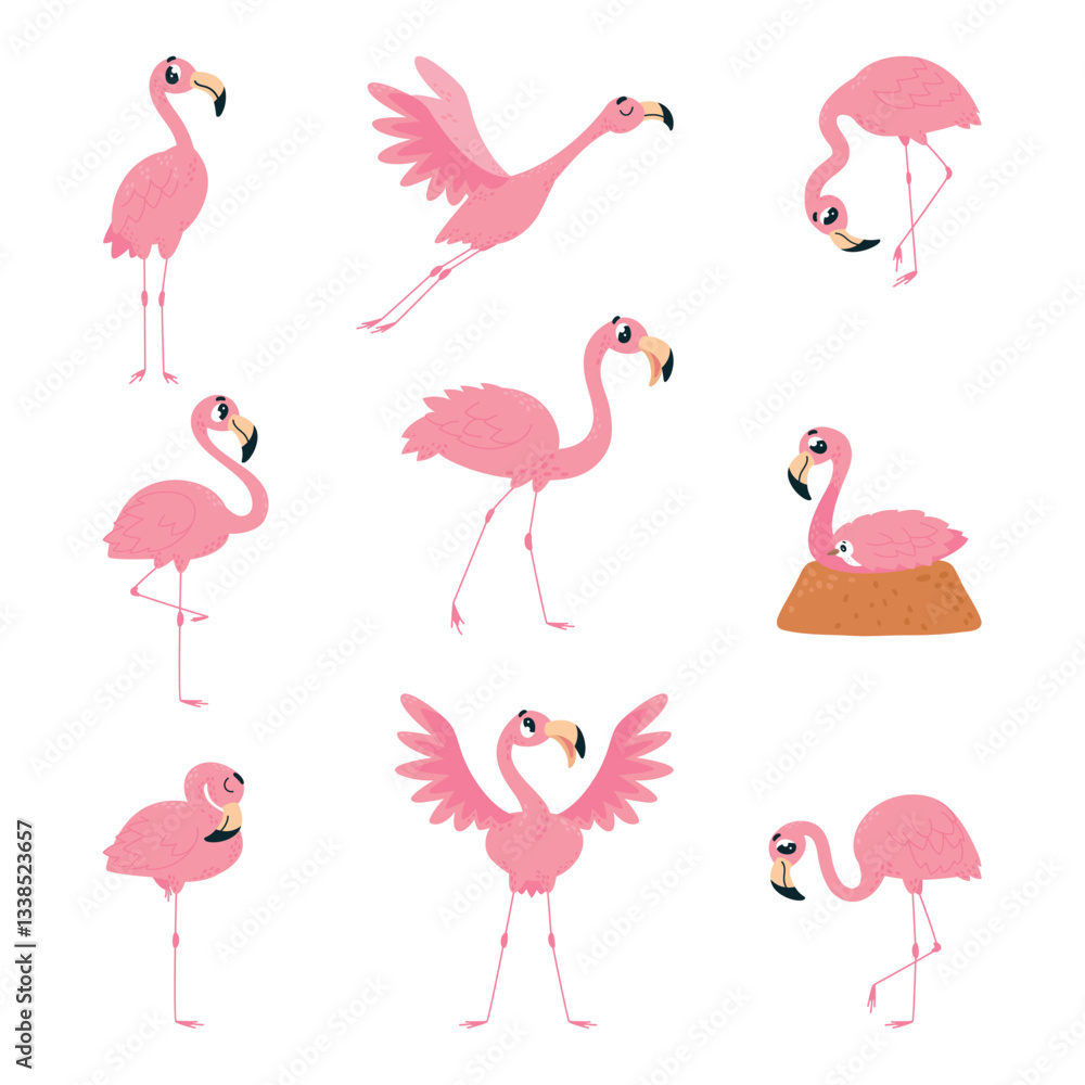Fototapeta premium Cartoon flamingo. Pink flamingos birds, isolated tropical animals characters in different poses. Funny bird flying, sit in nest, sleep, classy vector set