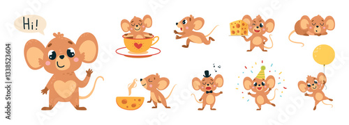 Funny mice. Cartoon mouse with cheese, rest in cup, singing, flying on balloon. Cute tiny animal sleep and run, children emotional mascots, classy vector set