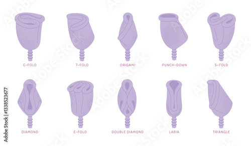 Folding menstrual cup. Fold methods female silicon cup for period. Reusable women hygiene elements, zero waste, save nature, racy vector set