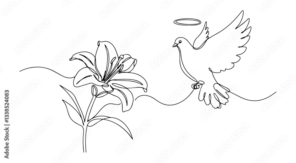 Fototapeta premium lily flower and holy spirit dove outline one line vector shape