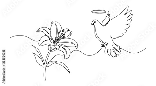lily flower and holy spirit dove outline one line vector shape