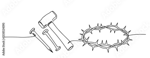 crown of thorns nails and hammer outline one line vector shape