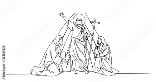 resurrected jesus with kneeling disciples outline one line vector shape