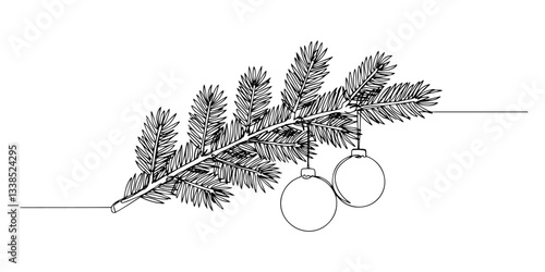 pine branch with christmas baubles outline one line vector shape