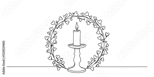 candle in holder with ivy wreath outline one line vector shape