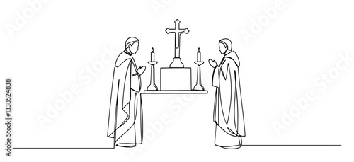 church altar with two priests outline one line vector shape