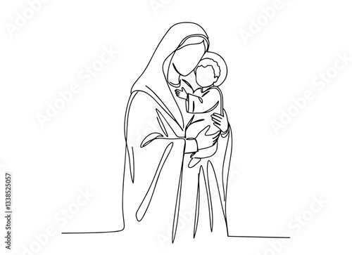Our Lady Mary Madonna Mother of God holding baby Jesus outline one line vector shape