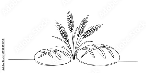 two loaves of bread with wheat outline one line vector shape