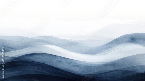 Abstract Watercolor Landscape With Blue And Gray Waves And Hills Painted With Soft Tones And Textures, Smooth Surface With Calm Atmosphere. Minimalist Modern Artistic Design With Soft Colors For