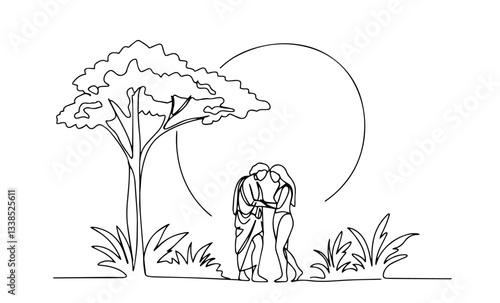 adam and eve in paradise outline one line vector shape