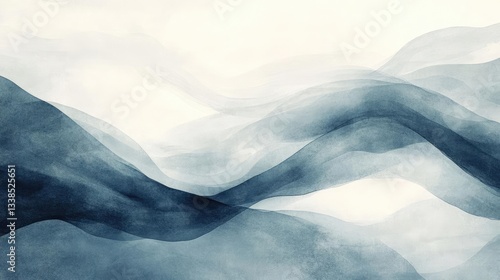 Abstract Watercolor Landscape Painting With Soft Blue And Gray Waves and Mountains And Shapes And Forms. Color Palette And Gradient And Hues With Dynamic Flowing Motion And Organic Forms And Creative