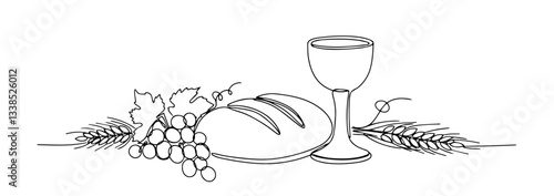 eucharistic chalice bread wheat grapes outline one line vector shape