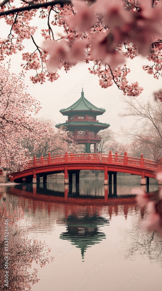 Fototapeta premium Tranquil cherry blossom scene with a red bridge and pagoda