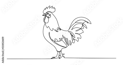 rooster farm bird with comb and feathers vector monoline one line line art