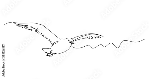 seagull flying ocean bird in flight vector monoline one line line art