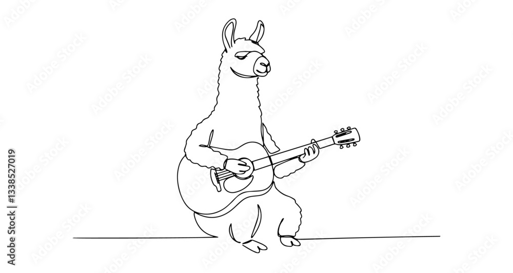 Fototapeta premium llama playing guitar musician funny animal vector monoline one line line art