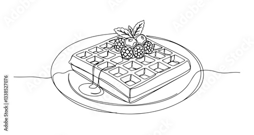 waffle with fruit syrup sweet dessert vector monoline one line line art