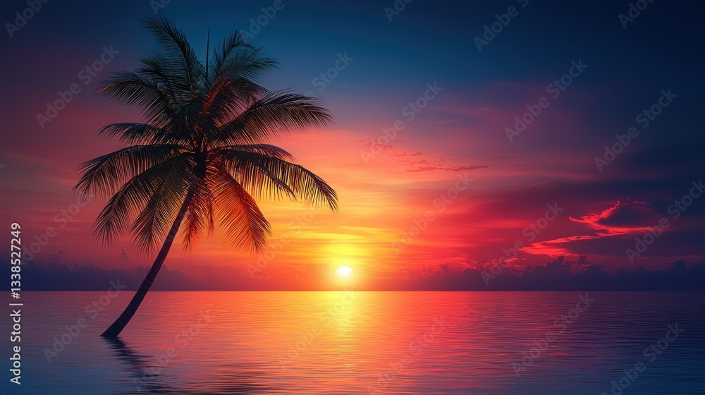 Tropical Sunset Paradise: Lone Palm Tree at Golden Hour Tropical Sunset Paradise: Lone Palm Tree at Golden Hour