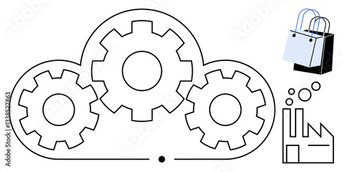 Cloud containing interlocked gears with shopping bags and factory symbols. Ideal for technology, automation, e-commerce, industry 4.0, cloud services, digital transformation innovation. Abstract