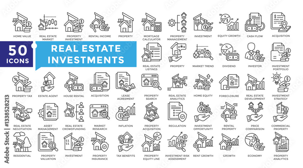 Real estate investments icon set in outline style. Collection includes value, increase, mortgage, real estate, tax and more. Simple vector icon collection Real estate investments icon set in outline style. Collection includes value, increase, mortgage, real estate, tax and more. Simple vector icon collection