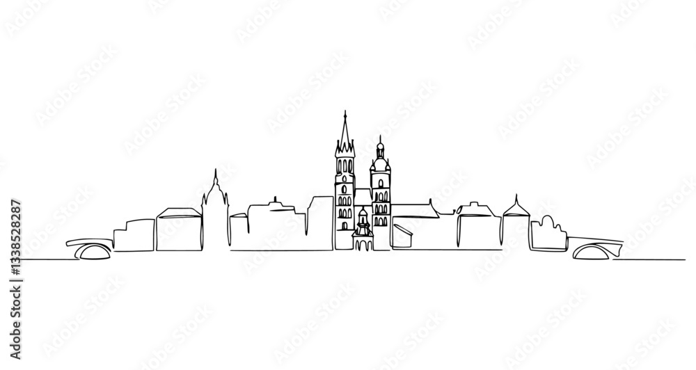 Obraz premium historic european cathedral cityscape architecture vector monoline one line line art