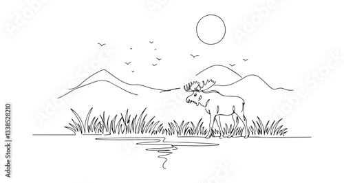 moose in swamp at night wildlife nature vector monoline one line line art