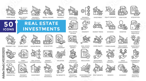 Real estate investments icon set in outline style. Collection includes value, increase, mortgage, real estate, tax and more. Simple vector icon collection