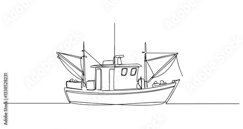 fishing boat trawler sea vessel vector monoline one line line art