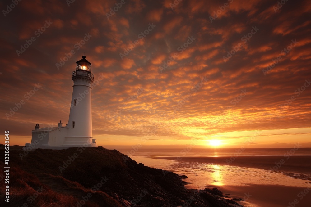 Lighthouse on the coast at sunset with dramatic clouds illuminating the sky above the ocean Lighthouse on the coast at sunset with dramatic clouds illuminating the sky above the ocean