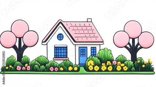 Charming cartoon house with pink trees and colorful flowering garden in bright illustrative style