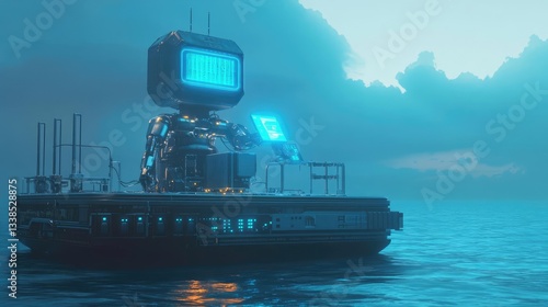 Advanced Machine on a Floating Structure Over Water at Dusk Skylight Cloudscape Rendering Concept Art Illustration Science Fiction Future SciFi Low Poly Digital Art 3D Model Illustration Retro
