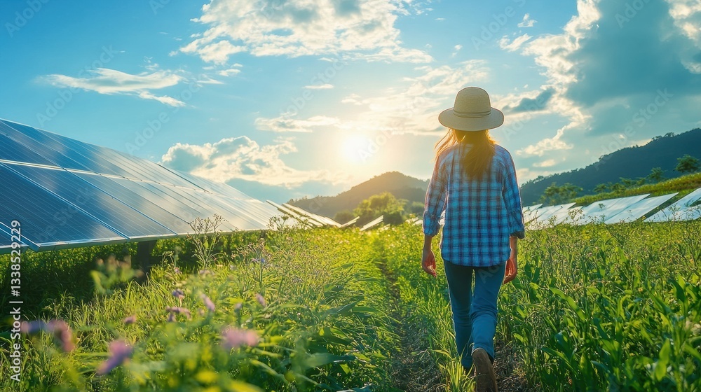 Farmer Walking Between Rows of Solar Panels on Farm Farmer Walking Between Rows of Solar Panels on Farm