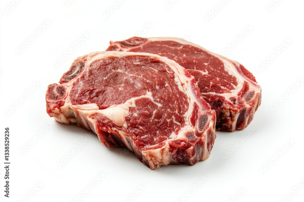 Two steaks on a clean white surface, perfect for food photography or editorial use Two steaks on a clean white surface, perfect for food photography or editorial use