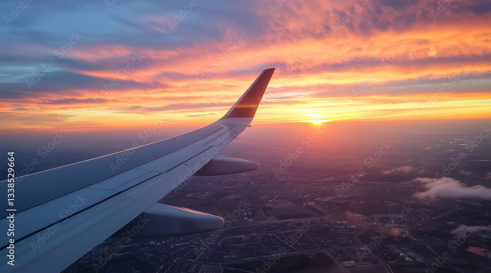 Sunset sky on airplane window over Copenhagen, Denmark in Friday evening flight Sunset sky on airplane window over Copenhagen, Denmark in Friday evening flight