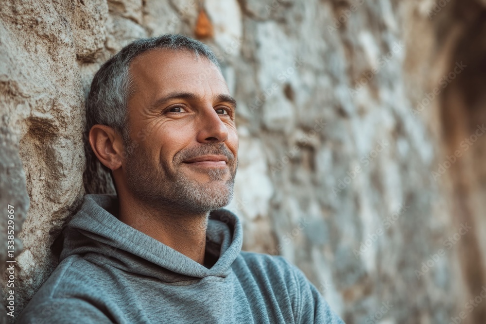 A person wearing a hoodie leans against a stone wall, looking introspective A person wearing a hoodie leans against a stone wall, looking introspective