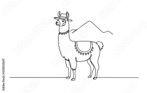 llama mountains hat vector monoline one line line art sketch illustration
