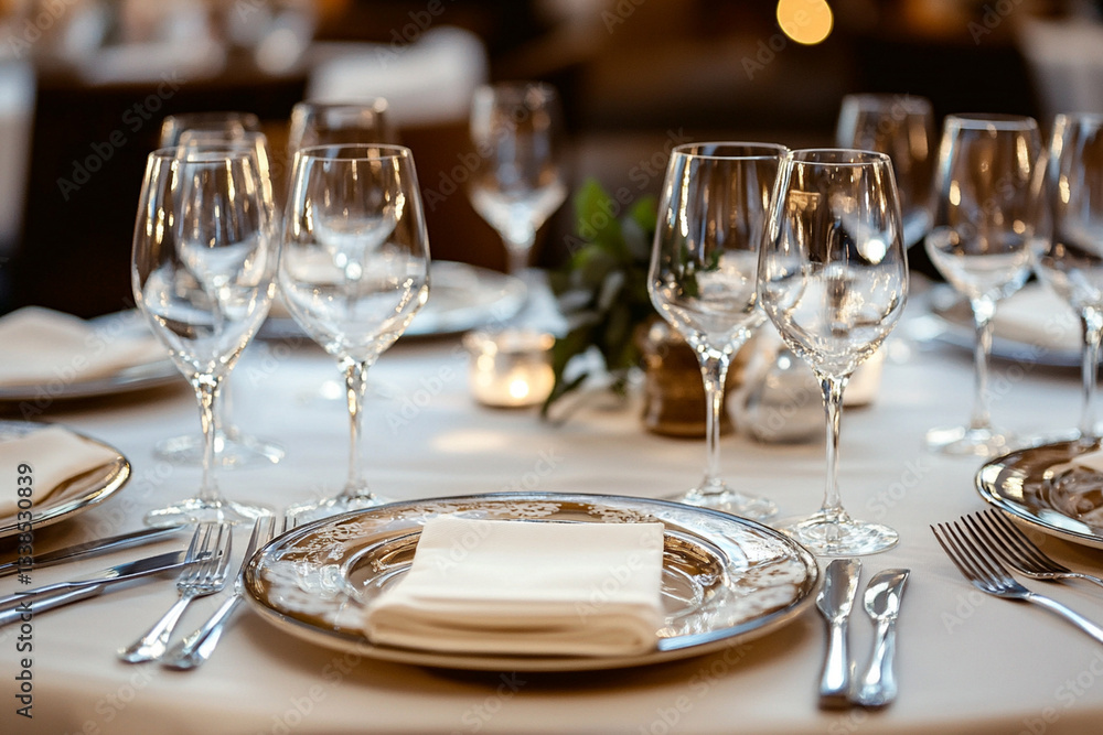Beautifully arranged table featuring polished plates, sparkling glassware, and elegant napkins, creating an inviting atmosphere for dining Beautifully arranged table featuring polished plates, sparkling glassware, and elegant napkins, creating an inviting atmosphere for dining
