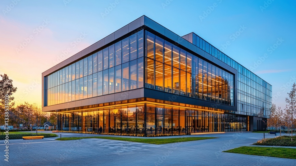 A modern office building displays glass walls during sunset colors A modern office building displays glass walls during sunset colors