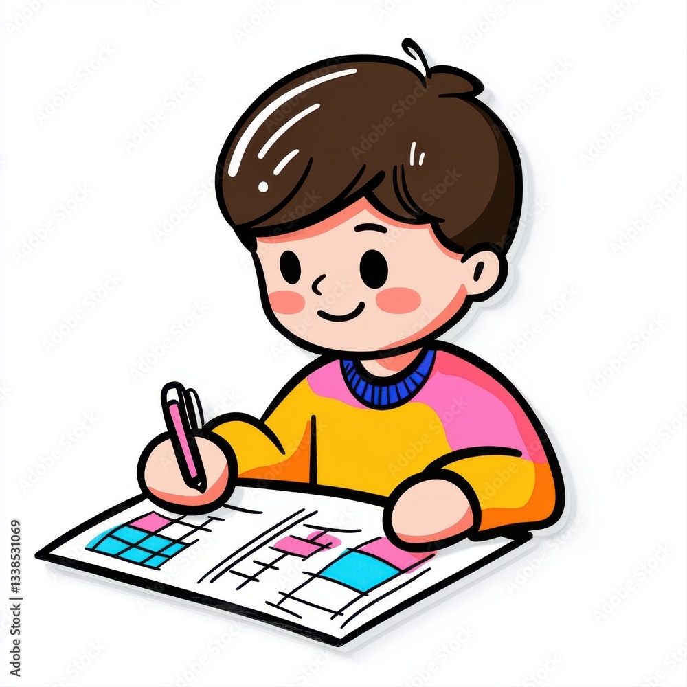 Cheerful Child Engaged in Colorful Learning Activities with Notebook and Pencil in Bright Artwork Style Cheerful Child Engaged in Colorful Learning Activities with Notebook and Pencil in Bright Artwork Style